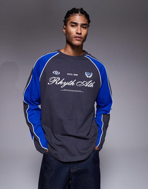 ASOS DESIGN oversized long sleeve t-shirt panelling detail and sports graphic charcoal and blue - view 1