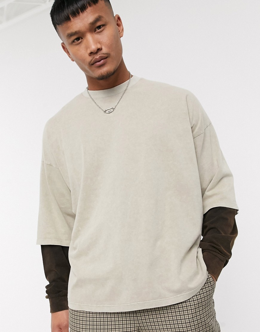 ASOS DESIGN oversized long sleeve t-shirt with acid wash and double layer sleeve-Beige
