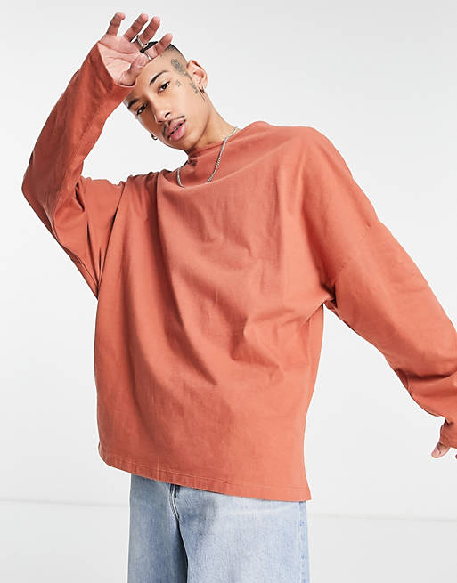 ASOS DESIGN oversized long sleeve t-shirt with boat neck in washed red