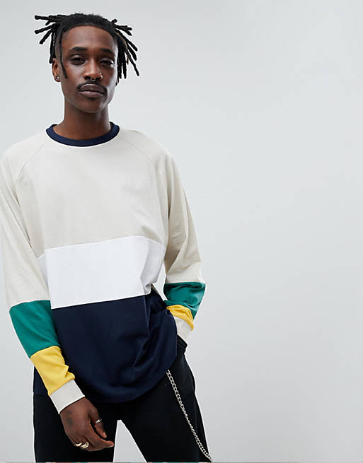 ASOS DESIGN oversized long sleeve t-shirt with bright colour blocking ...