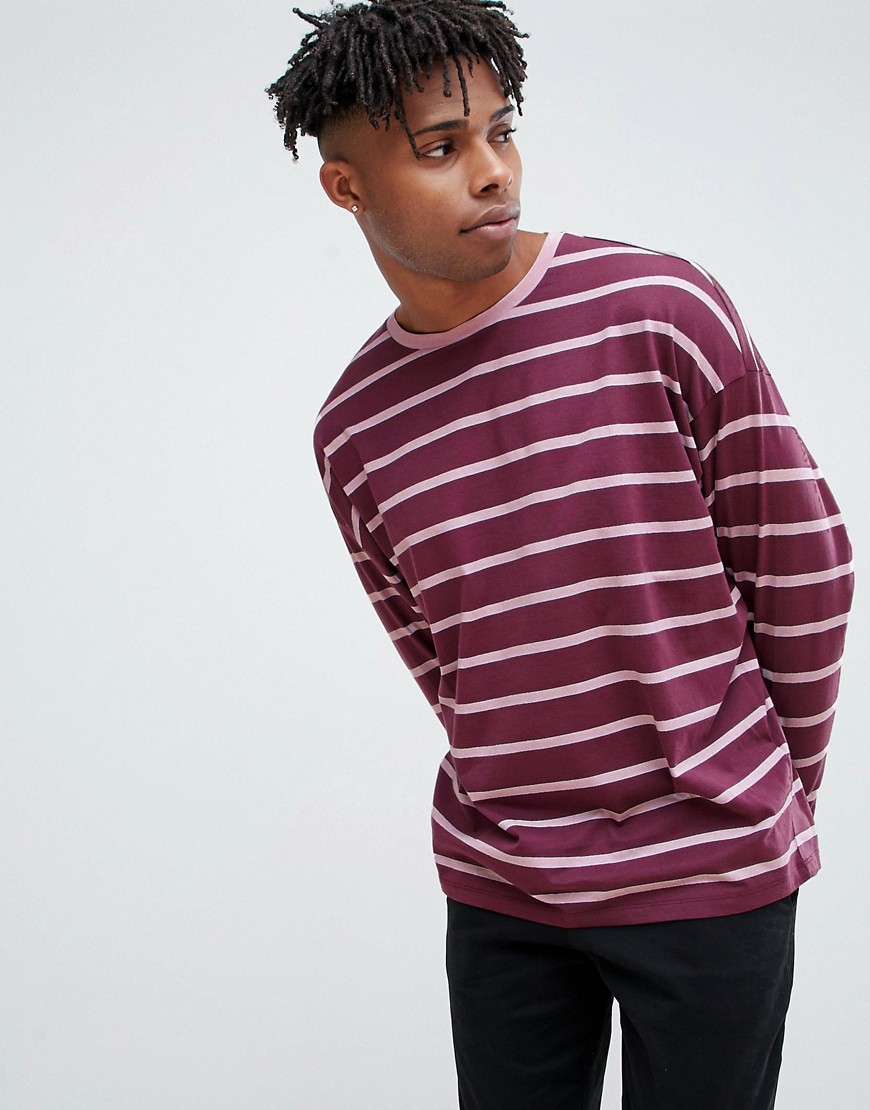 ASOS DESIGN oversized long sleeve t-shirt with burgundy and pink stripe-Red