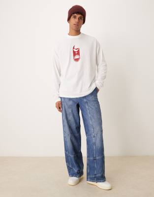 Asos Design Oversized Long Sleeve T-shirt With Celestial Front Print In White