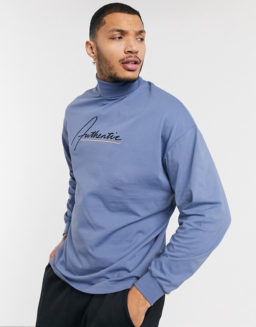 ASOS DESIGN oversized long sleeve t-shirt with chest embroidery and roll neck