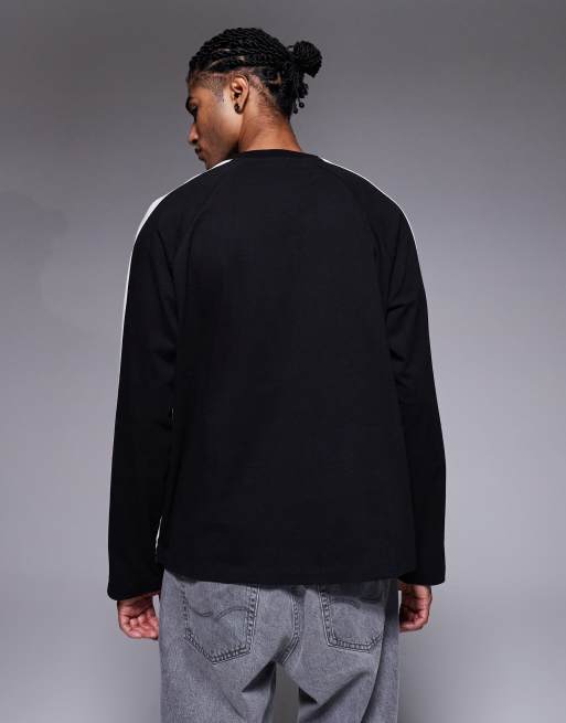 ASOS DESIGN oversized long sleeve t-shirt with chest graphic and paneling in charcoal and cream , 3 of 5