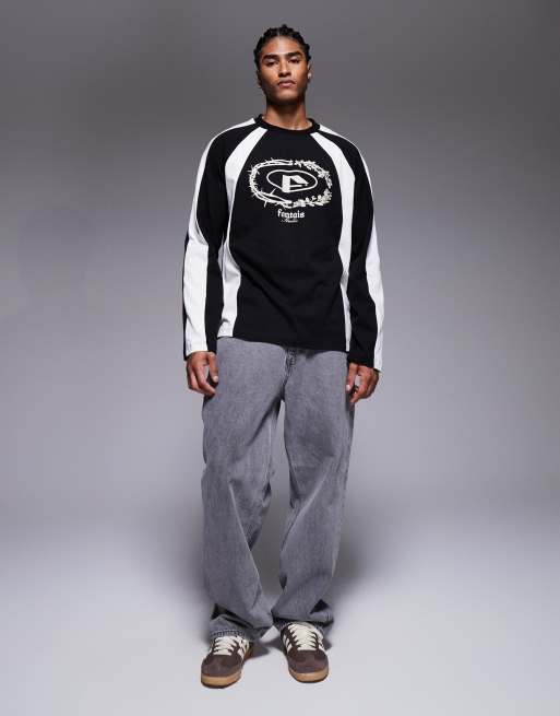 ASOS DESIGN oversized long sleeve t-shirt with chest graphic and panelling in charcoal and cream , 2 of 5