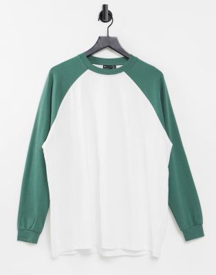 ASOS DESIGN oversized long sleeve T-shirt with contrast raglan seam in  white and green