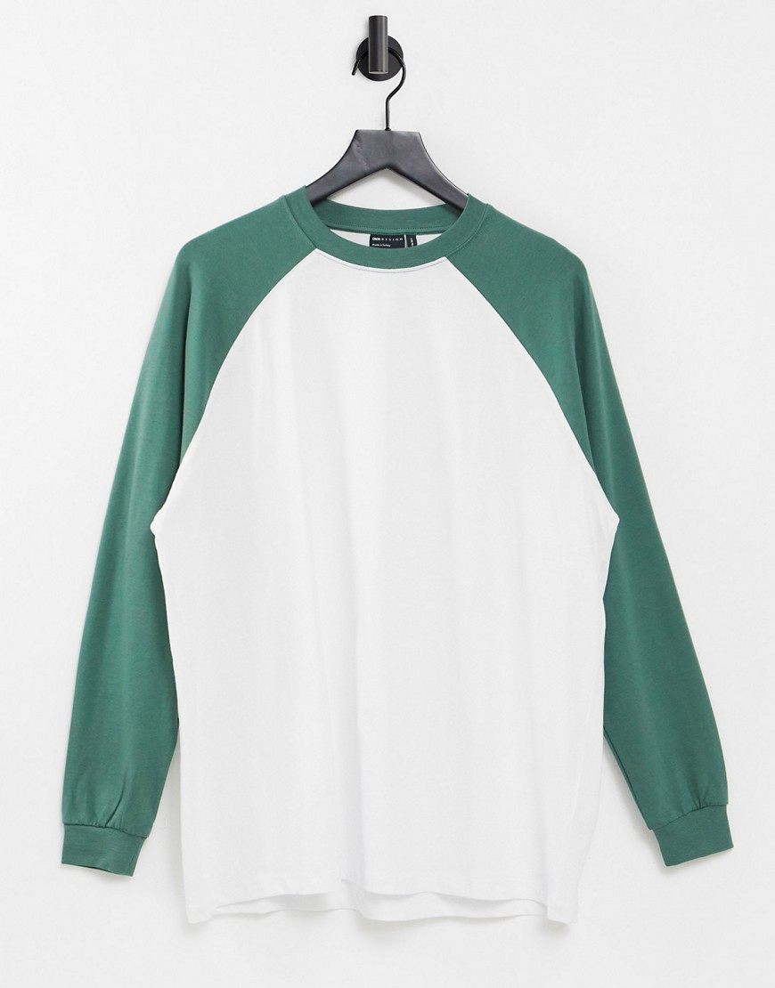 ASOS DESIGN oversized long sleeve T-shirt with contrast raglan seam in white and green-Multi