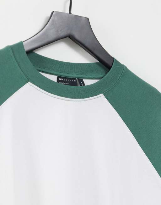 ASOS DESIGN oversized long sleeve T-shirt with contrast raglan seam in  white and green