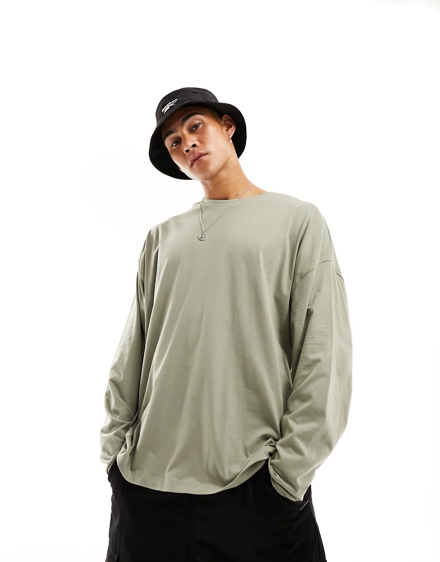 ASOS DESIGN oversized long sleeve t-shirt with crew neck in khaki-Green