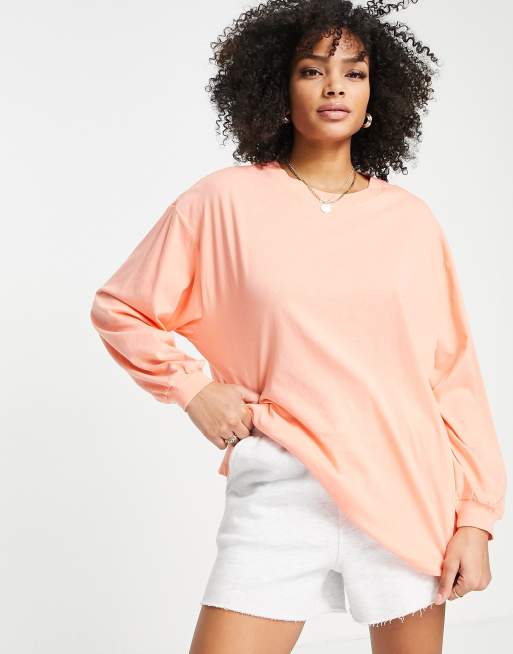 ASOS DESIGN oversized long sleeve t-shirt with cuff detail in coral