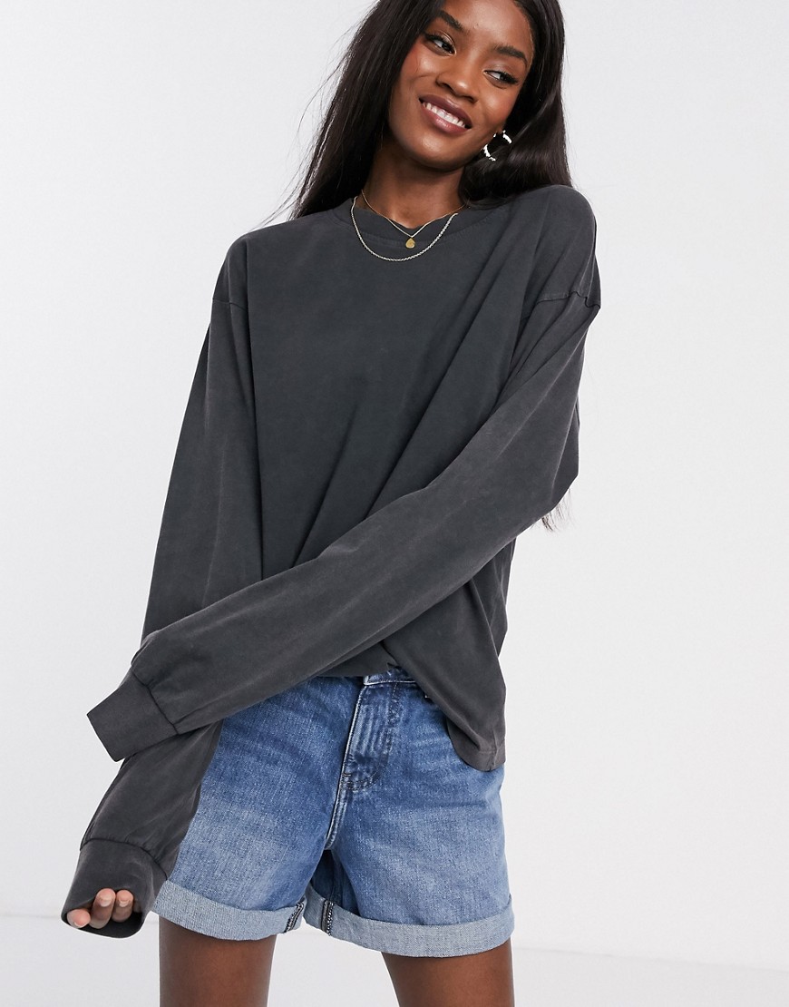 Asos Design Oversized Long Sleeve T-shirt With Cuff Detail In Washed Black-gray