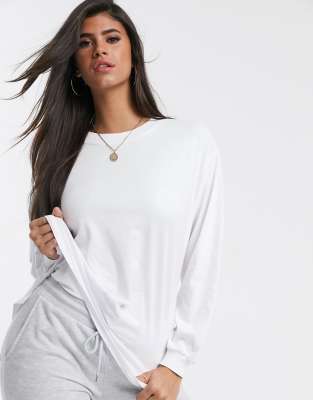 ASOS DESIGN long sleeve oversized shirt with side split detail and stitch  detail in white