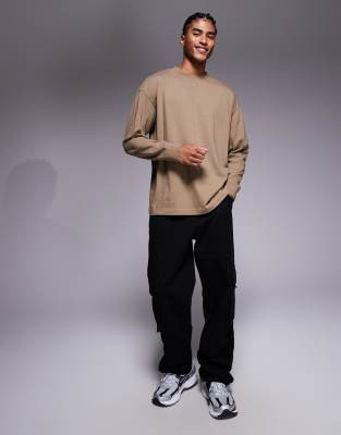 Asos Design Oversized Long Sleeve T-shirt With Cuff Detailing In Brown
