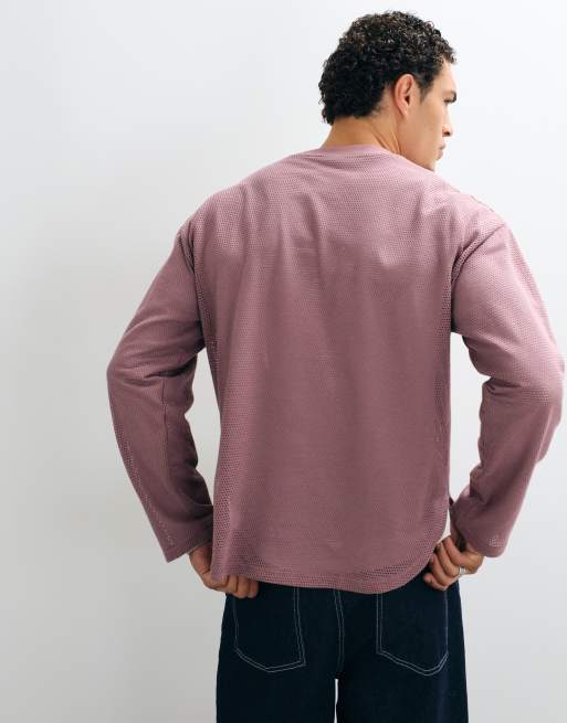 ASOS DESIGN oversized long sleeve t-shirt with curved hem in pink mesh, 3 of 5