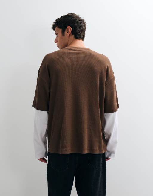 ASOS DESIGN oversized long sleeve t-shirt with double layer in brown waffle, 5 z 5