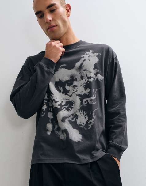 ASOS DESIGN oversized long sleeve T-shirt with dragon graphic in washed charcoal - view 1