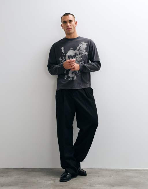 ASOS DESIGN oversized long sleeve t-shirt with dragon graphic in washed charcoal, 3 of 5