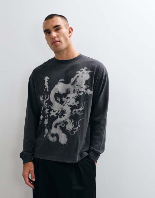 ASOS DESIGN oversized long sleeve t-shirt with dragon graphic in washed charcoal, 5 of 5