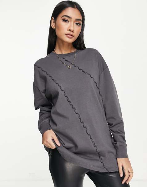 ASOS DESIGN oversized long sleeve t-shirt with exposed seam detail in charcoal