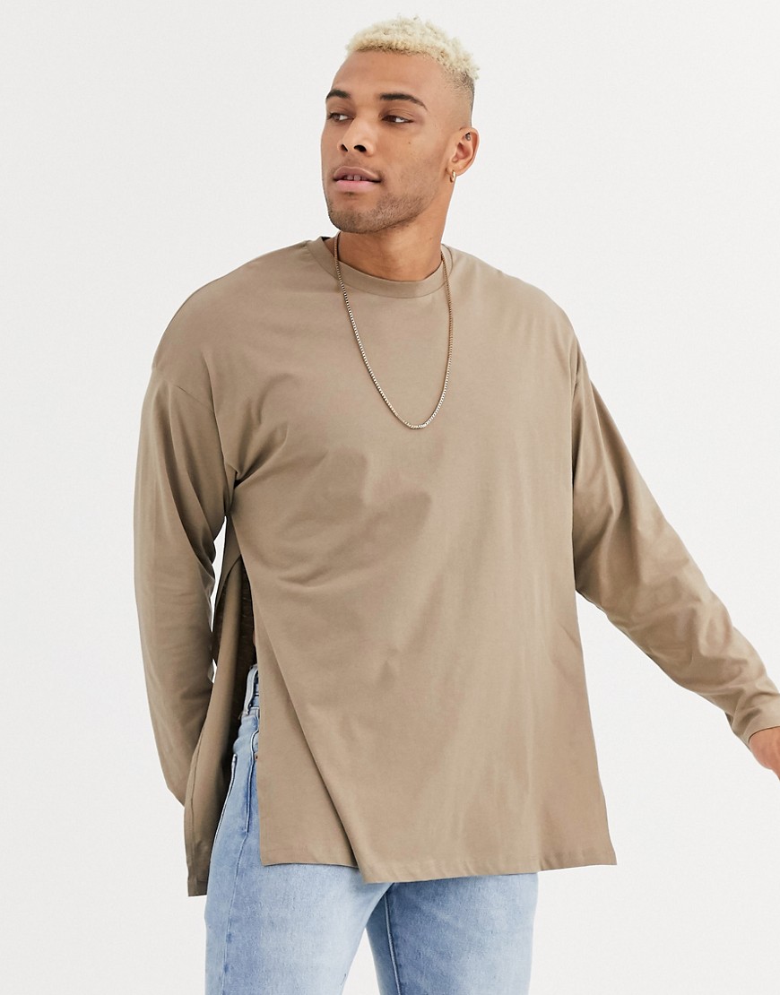 ASOS DESIGN oversized long sleeve t-shirt with extreme side splits in beige