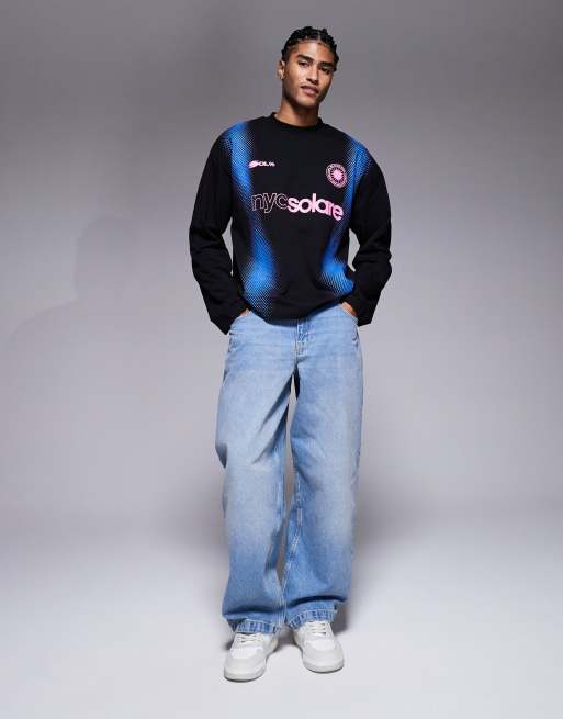 ASOS DESIGN oversized long sleeve t-shirt with football inspired high build graphic in black