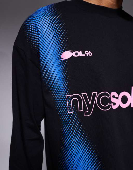ASOS DESIGN oversized long sleeve t-shirt with football inspired high build graphic in black