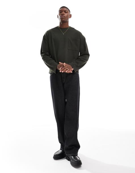 ASOS DESIGN oversized long sleeve t-shirt with front pocket in dark khaki - view 1