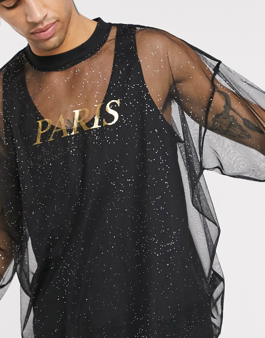 ASOS DESIGN oversized long sleeve t-shirt with gold foil city print in fine mesh-Black