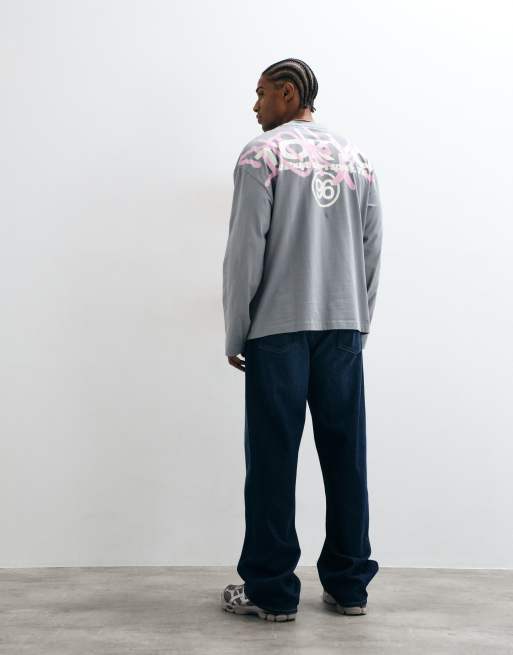 ASOS DESIGN oversized long sleeve t-shirt with graffiti graphic in gray, 2 of 5