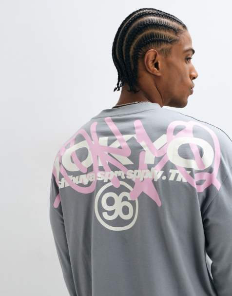 ASOS DESIGN oversized long sleeve t-shirt with graffiti graphic in grey - view 1
