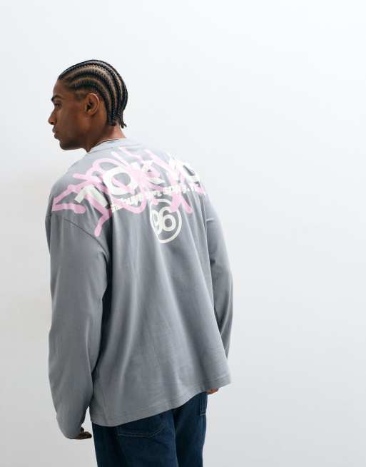 ASOS DESIGN oversized long sleeve t-shirt with graffiti graphic in grey, 4 of 5