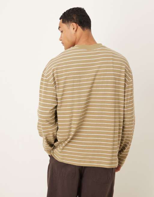 ASOS DESIGN oversized long sleeve t-shirt with pocket embroidery in green stripe , 3 of 5