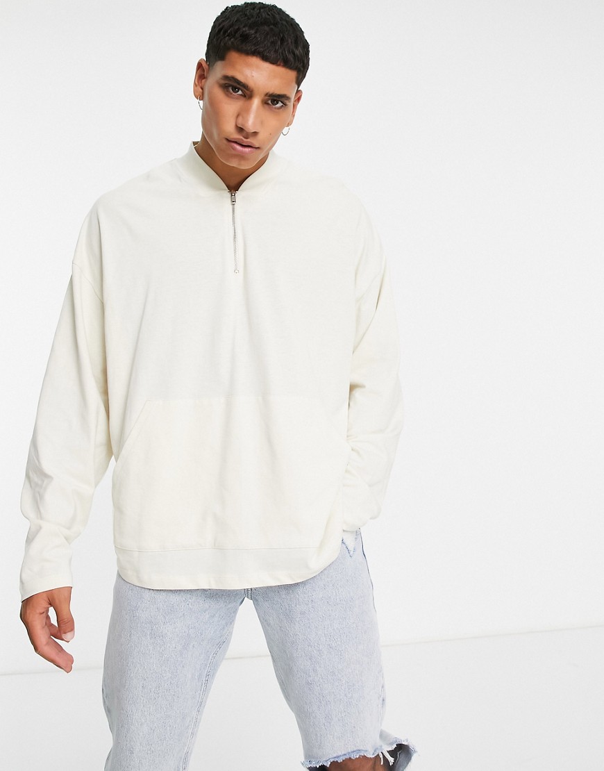 ASOS DESIGN oversized long sleeve T-shirt with pocket in beige-Neutral
