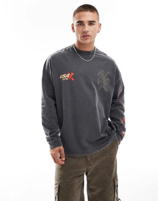 ASOS DESIGN oversized long sleeve T-shirt with racing chest and back print in washed black