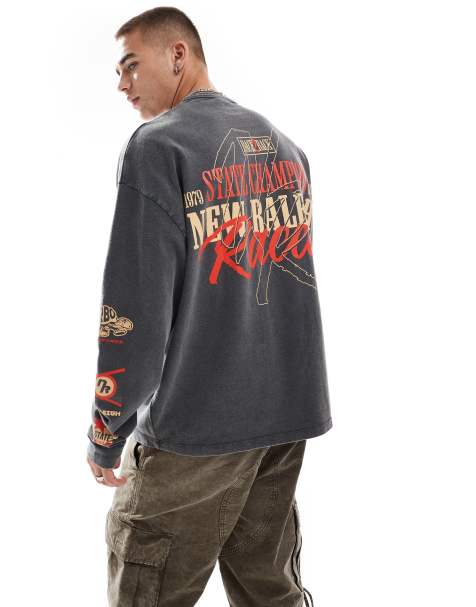 ASOS DESIGN oversized long sleeve T-shirt with racing chest and back print in washed black - view 1