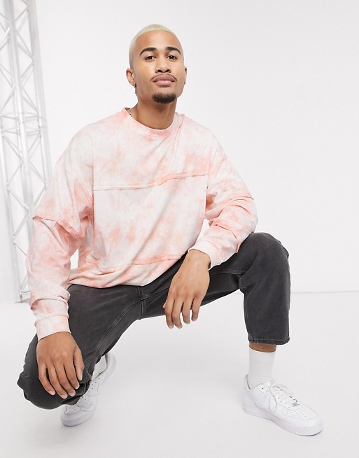 ASOS DESIGN oversized long sleeve t-shirt with seam details in peach tie dye