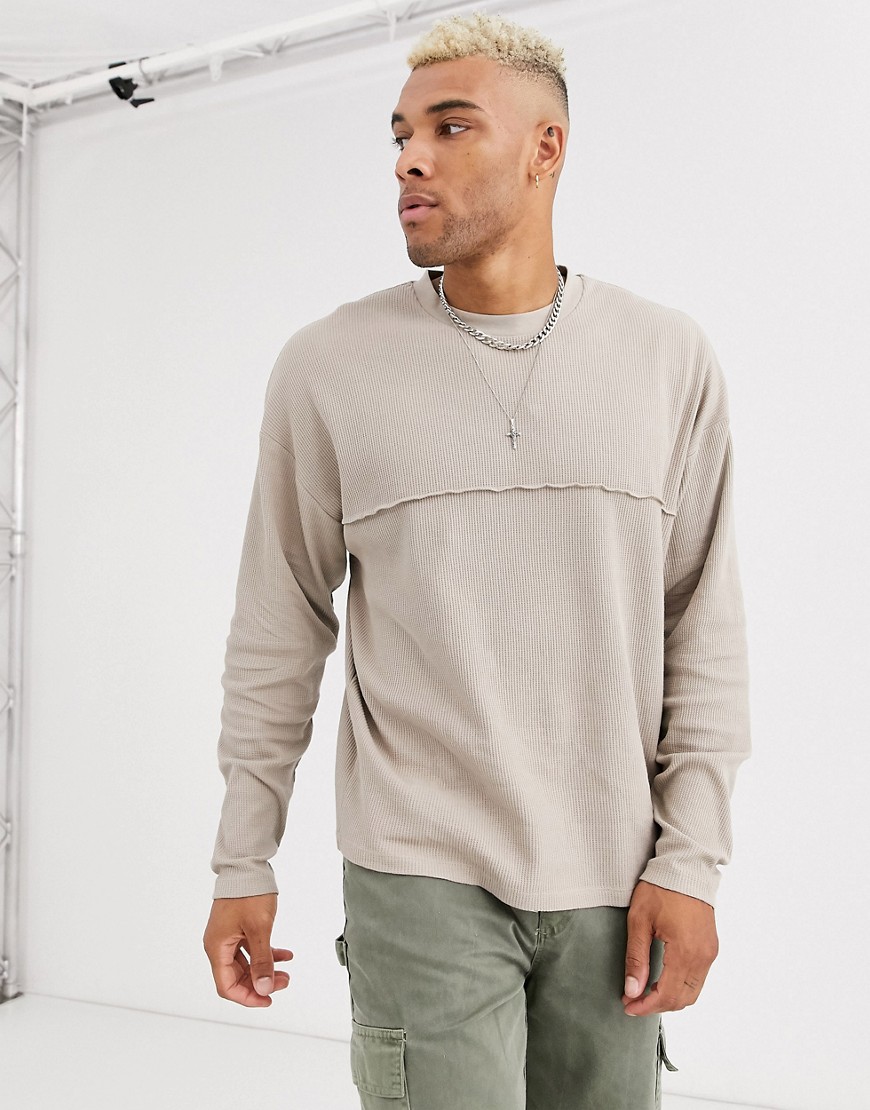ASOS DESIGN oversized long sleeve t-shirt with seam in waffle in beige