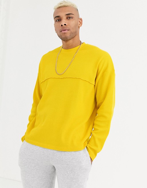 ASOS DESIGN oversized long sleeve t-shirt with seam in waffle in yellow ...