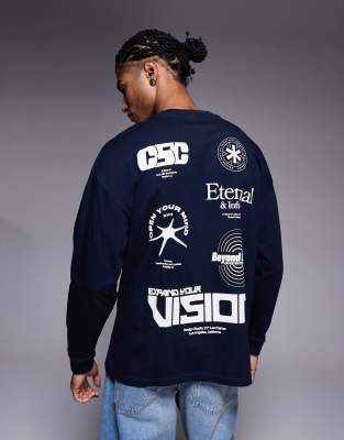 ASOS DESIGN oversized long sleeve T-shirt with street graphics in navy