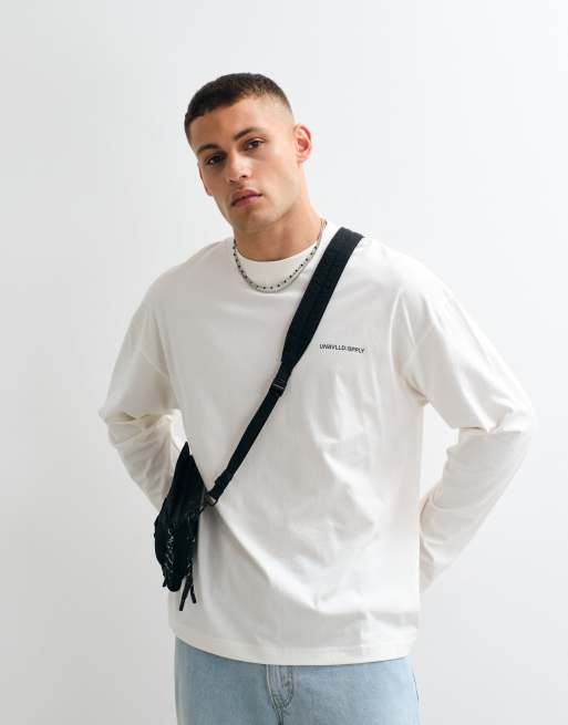 ASOS DESIGN oversized long sleeve t-shirt with text graphic in cream, 3 of 5