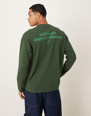 Asos Design Oversized Long Sleeve T-shirt With Tonal Text Print In Green