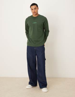 Asos Design Oversized Long Sleeve T-shirt With Tonal Text Print In Green