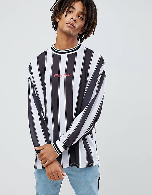 ASOS DESIGN oversized long sleeve t-shirt with vertical stripe and play ...