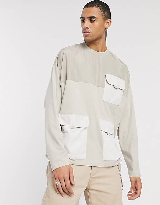 ASOS DESIGN oversized long sleeve t-shirt with woven utility pockets in ...