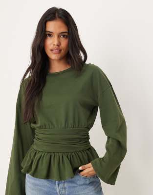 ASOS DESIGN oversized long sleeve tee with cinched waist and peplum hem in khaki green-No color
