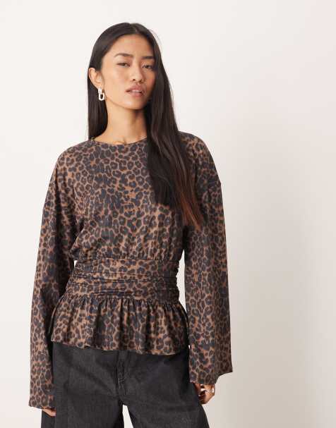 ASOS DESIGN oversized long sleeve tee with cinched waist and peplum hem in leopard print - view 1