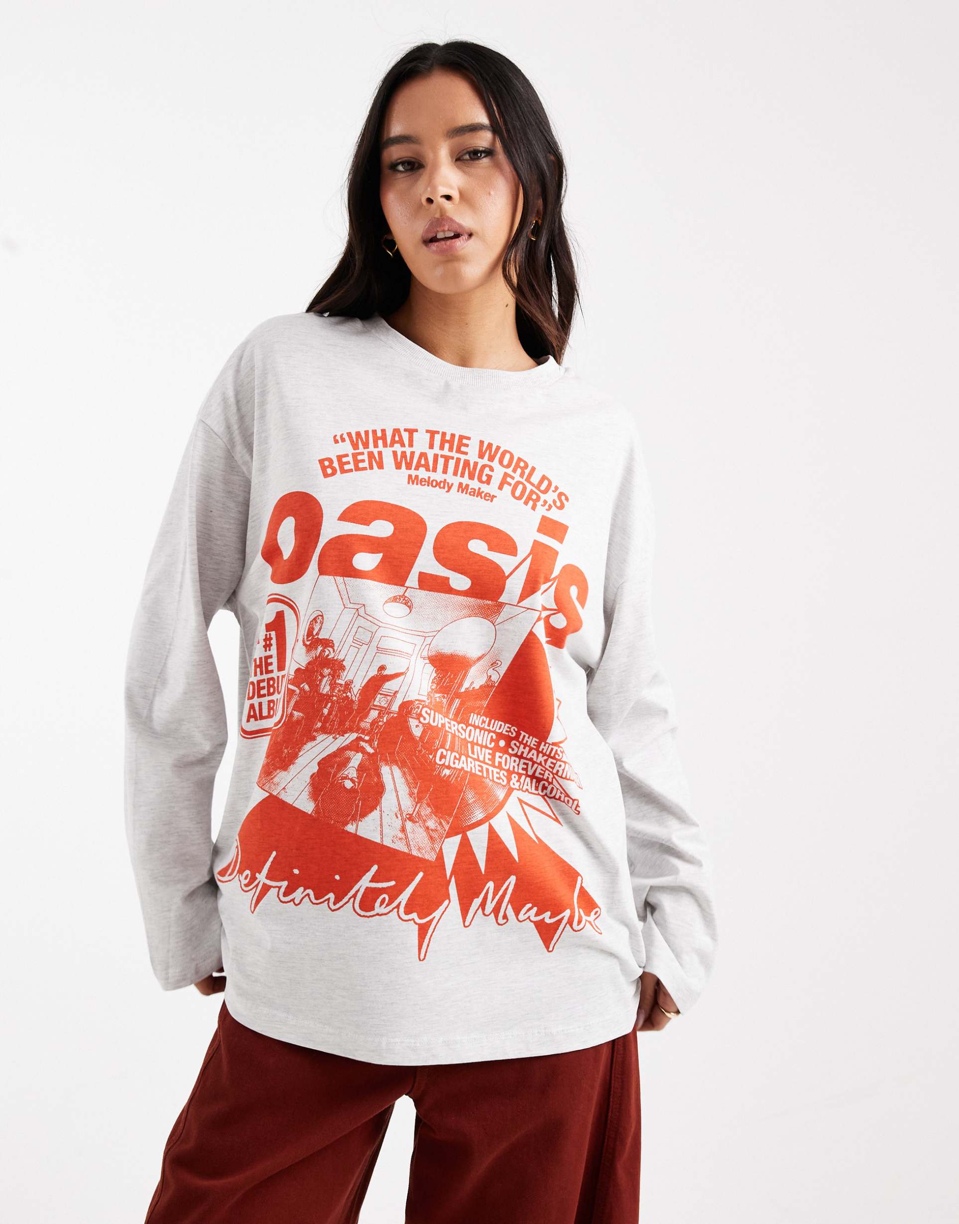 asos design oversized long sleeve tee with oasis debut album licence graphic in gray