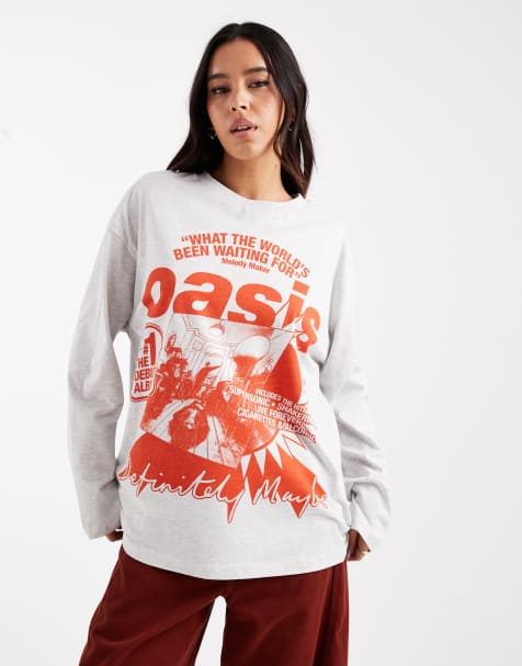 ASOS DESIGN oversized long sleeve tee with Oasis debut album licence graphic in grey - view 1