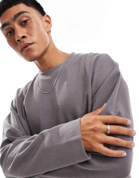ASOS DESIGN oversized long sleeve textured t-shirt with side slit in charcoal