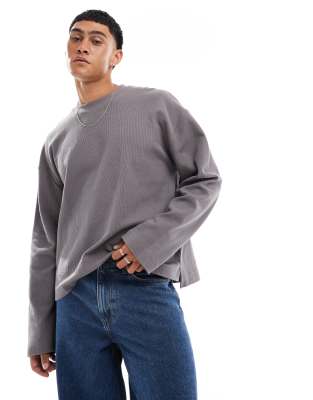 Asos Design Oversized Long Sleeve Textured T-shirt With Side Slit In Gray